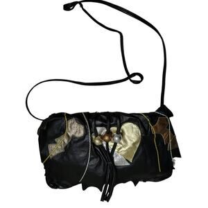 80s Two-In-One Black Maxi Clutch Gold Silver Leather Crossbody Patchwork Handbag